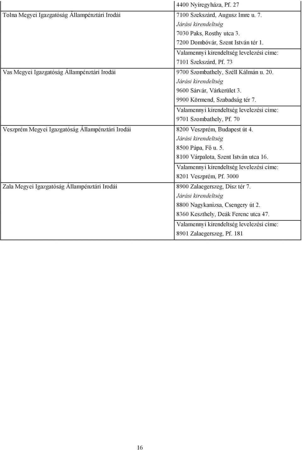 9701 Szombathely, Pf. 70 Veszprém Megyei Igazgatóság Állampénztári Irodái 8200 Veszprém, Budapest út 4. 8500 Pápa, Fő u. 5. 8100 Várpalota, Szent István utca 16.
