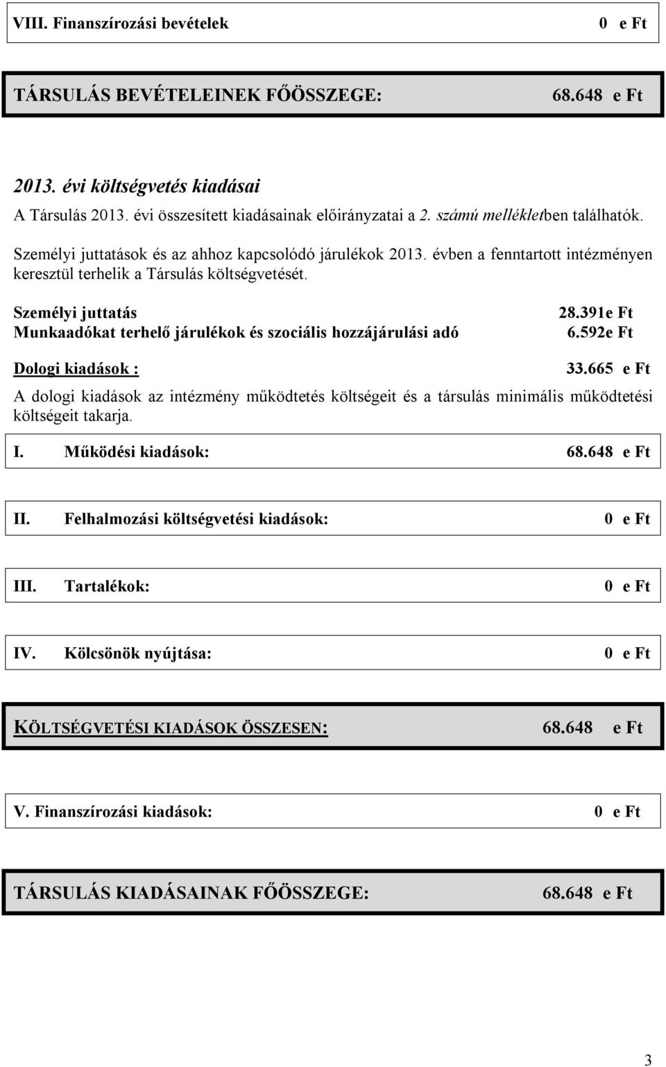 Személyi juttatás Munkaadókat terhelő járulékok és szociális hozzájárulási adó 28.391e Ft 6.592e Ft Dologi kiadások : 33.