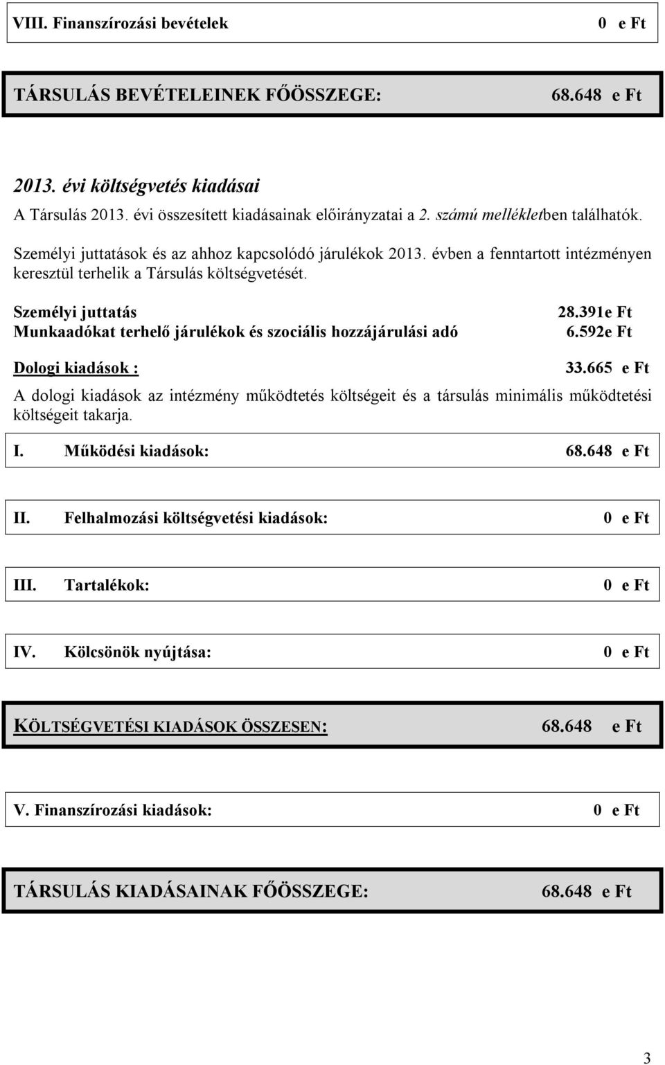 Személyi juttatás Munkaadókat terhelő járulékok és szociális hozzájárulási adó 28.391e Ft 6.592e Ft Dologi kiadások : 33.