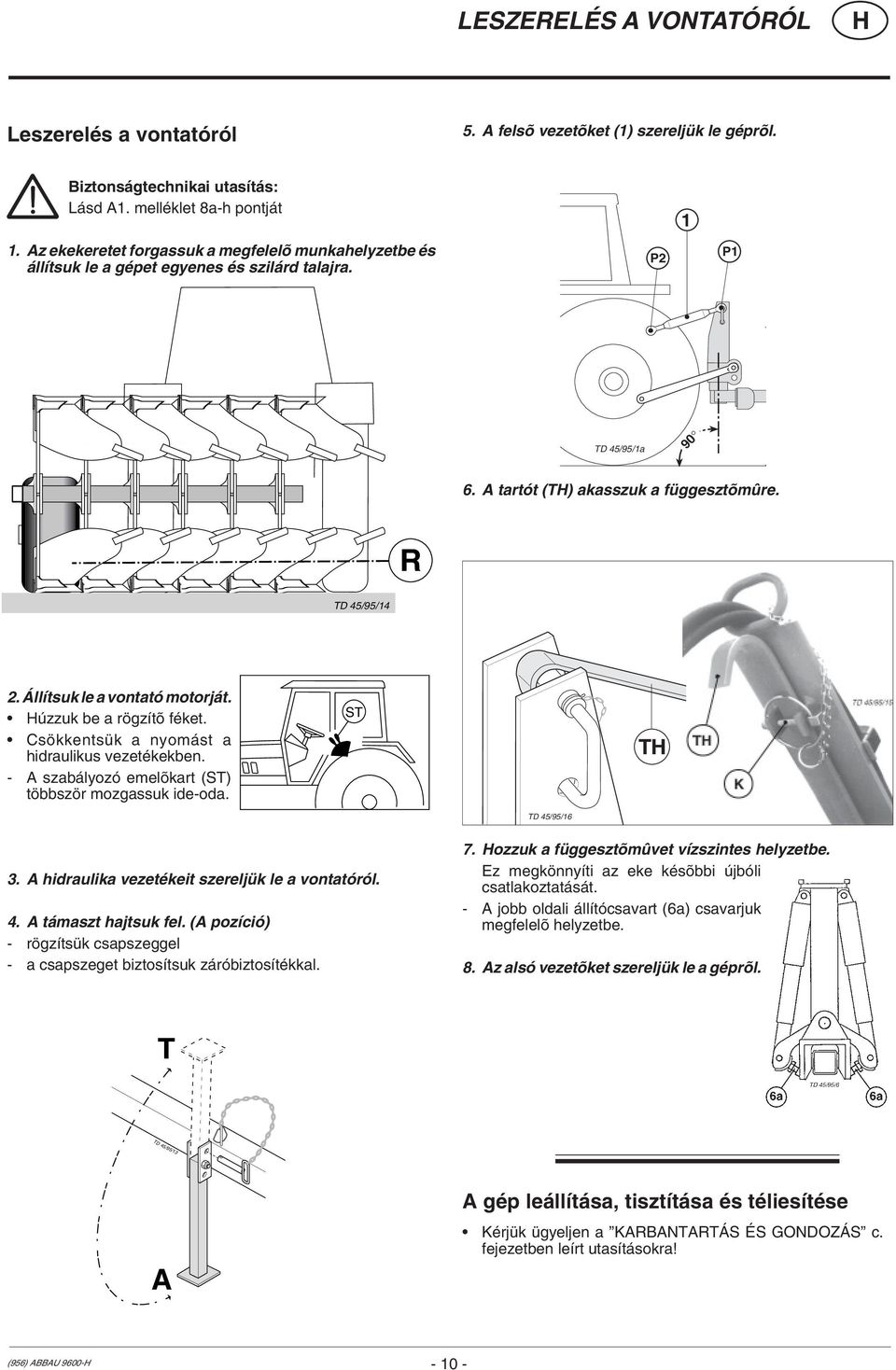 Állítsuk le a vontató motorját. úzzuk be a rögzítõ féket. Csökkentsük a nyomást a hidraulikus vezetékekben. - A szabályozó emelõkart (ST) többször mozgassuk ide-oda. ST T TD 45/95/16 3.