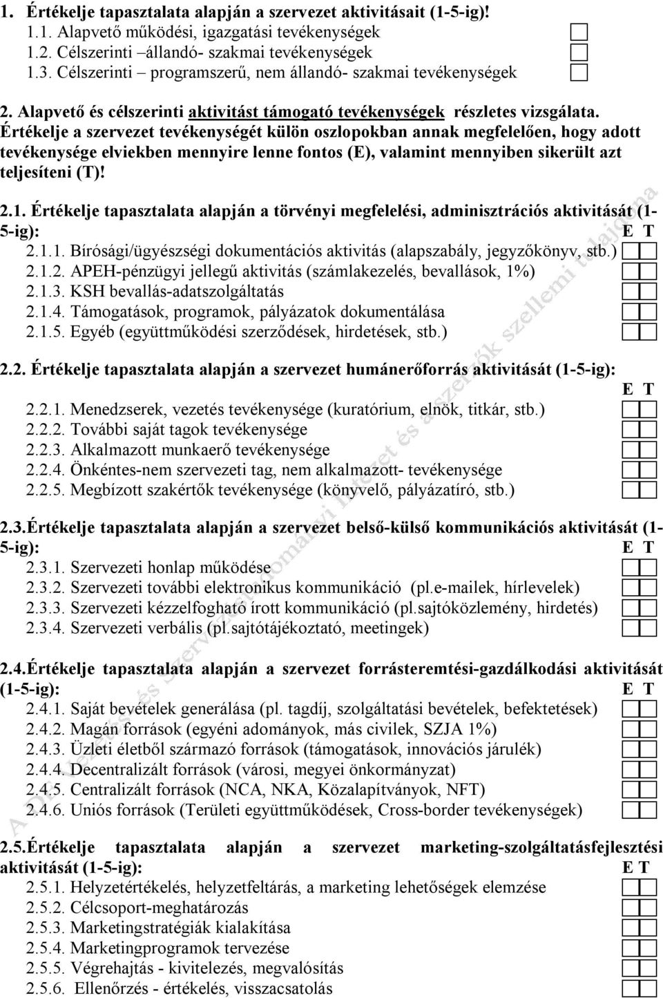 Értékelje a szervezet tevékenységét külön oszlopokban annak megfelelően, hogy adott tevékenysége elviekben mennyire lenne fontos (E), valamint mennyiben sikerült azt teljesíteni (T)! 2.1.