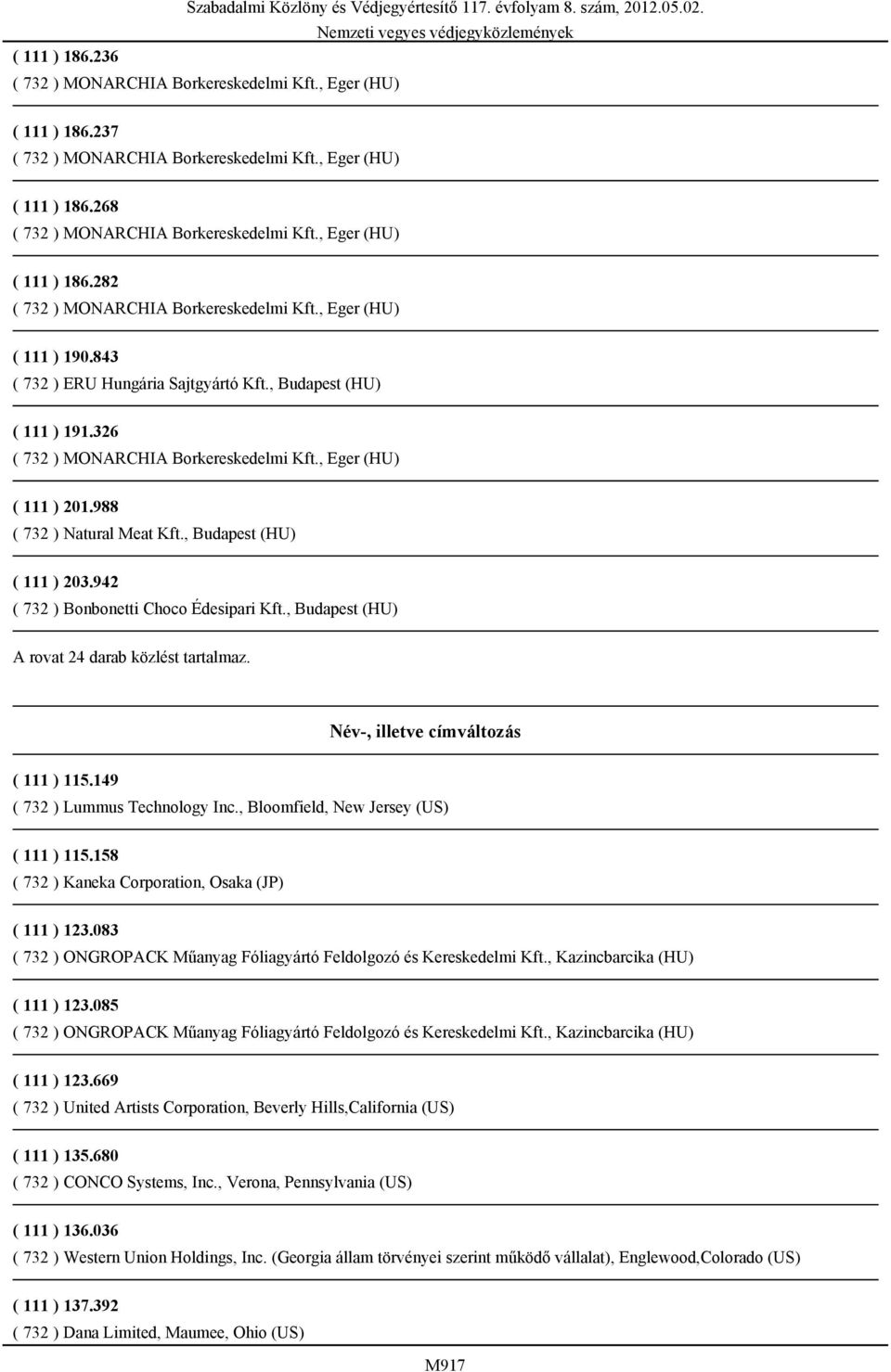 , Bloomfield, New Jersey (US) ( 111 ) 115.158 ( 732 ) Kaneka Corporation, Osaka (JP) ( 111 ) 123.083 ( 732 ) ONGROPACK Műanyag Fóliagyártó Feldolgozó és Kereskedelmi Kft.