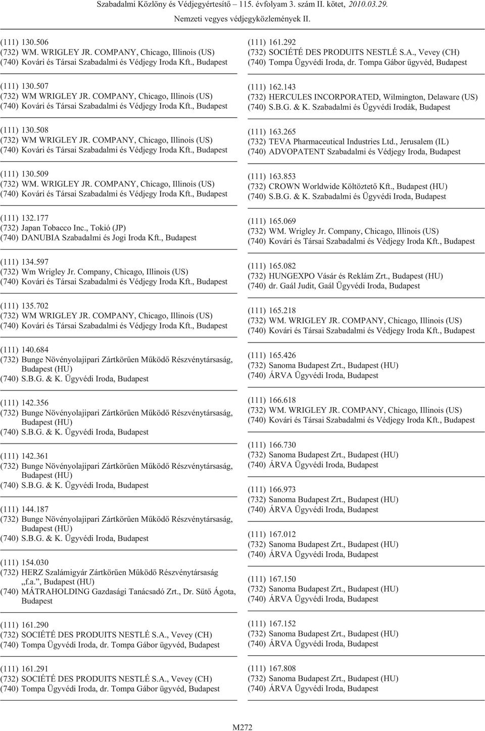 , Dr. Sütõ Ágota, Budapest (111) 161.290 (740) Tompa Ügyvédi Iroda, dr. Tompa Gábor ügyvéd, Budapest (111) 161.291 (740) Tompa Ügyvédi Iroda, dr. Tompa Gábor ügyvéd, Budapest (111) 162.