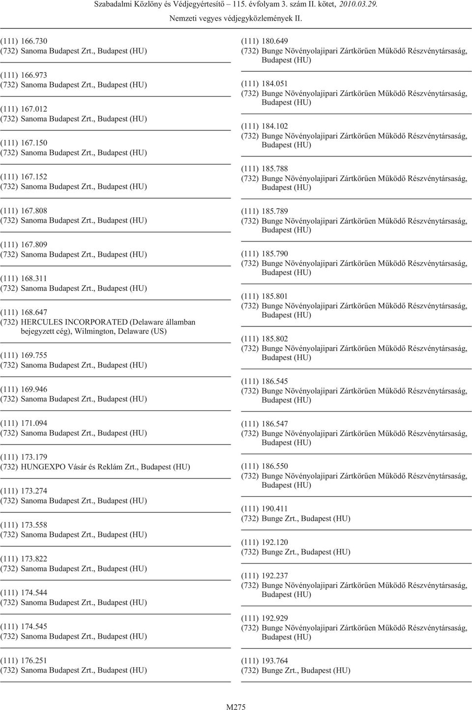 179 (732) HUNGEXPO Vásár és Reklám Zrt., (111) 173.274 (111) 173.558 (111) 173.822 (111) 174.544 (111) 174.545 (111) 176.251 (111) 180.649 (111) 184.051 (111) 184.