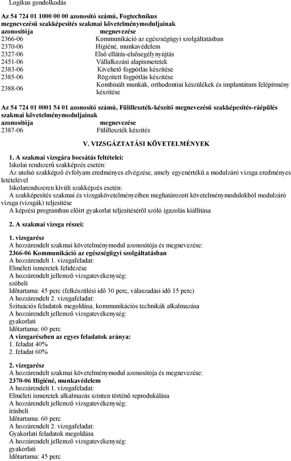 2388-06 Kombinált munkák, orthodontiai készülékek és implantátum felépítmény készítése Az 54 724 01 0001 54 01 azonosító számú, Fülilleszték-készítő megnevezésű szakképesítés-ráépülés szakmai