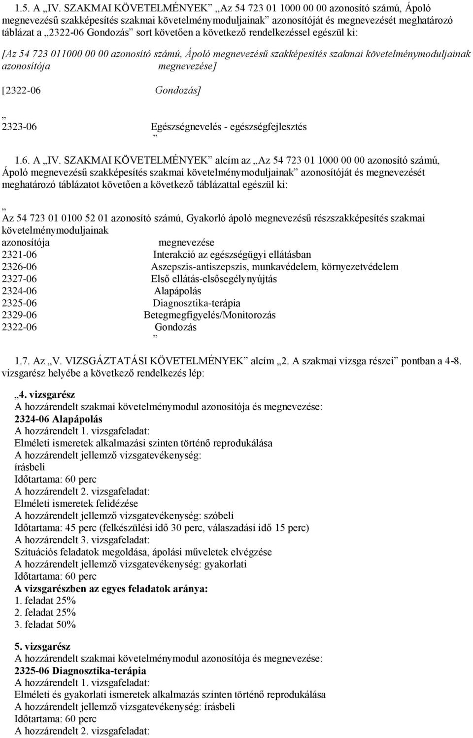 követően a következő rendelkezéssel egészül ki: [Az 54 723 011000 00 00 azonosító számú, Ápoló megnevezésű szakképesítés szakmai követelménymoduljainak azonosítója megnevezése] [2322-06 Gondozás]