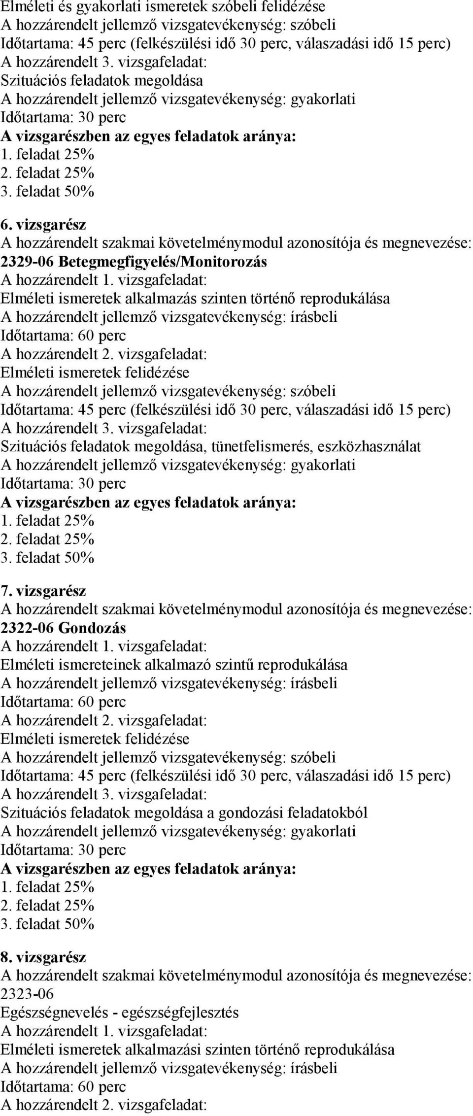 vizsgarész 2329-06 Betegmegfigyelés/Monitorozás Elméleti ismeretek alkalmazás szinten történő reprodukálása írásbeli Időtartama: 60 perc Elméleti ismeretek felidézése szóbeli A hozzárendelt 3.