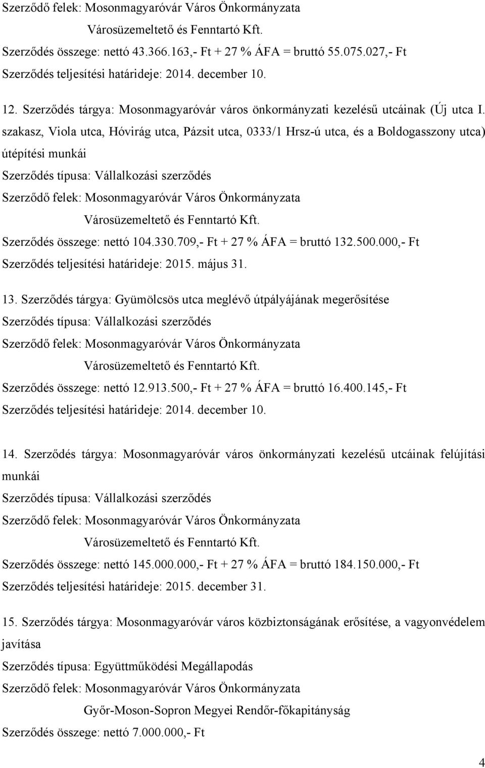 szakasz, Viola utca, Hóvirág utca, Pázsit utca, 0333/1 Hrsz-ú utca, és a Boldogasszony utca) útépítési munkái Szerződés típusa: Vállalkozási szerződés Városüzemeltető és Fenntartó Kft.