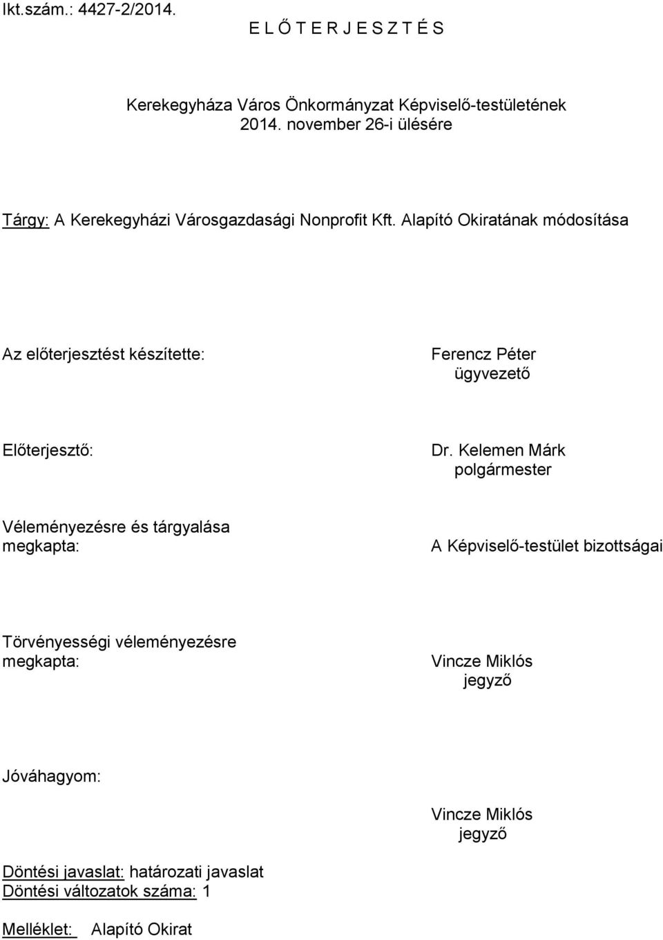 Alapító Okiratának módosítása Az előterjesztést készítette: Ferencz Péter ügyvezető Előterjesztő: Dr.