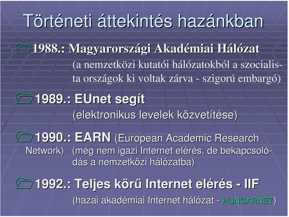 szigorú embargó) 1989.: 1989.: EUnet segít (elektronikus levelek közvetk zvetítése) 1990.: 1990.