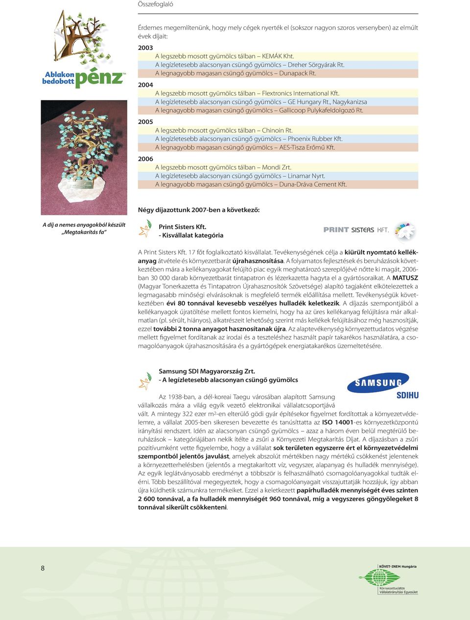 A legízletesebb alacsonyan csüngő gyümölcs GE Hungary Rt., Nagykanizsa A legnagyobb magasan csüngő gyümölcs Gallicoop Pulykafeldolgozó Rt. 2005 A legszebb mosott gyümölcs tálban Chinoin Rt.