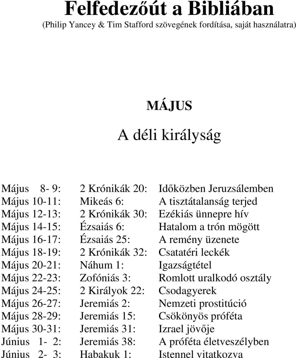 Krónikák 32: Csatatéri leckék Május 20-21: Náhum 1: Igazságtétel Május 22-23: Zofóniás 3: Romlott uralkodó osztály Május 24-25: 2 Királyok 22: Csodagyerek Május 26-27: Jeremiás 2: