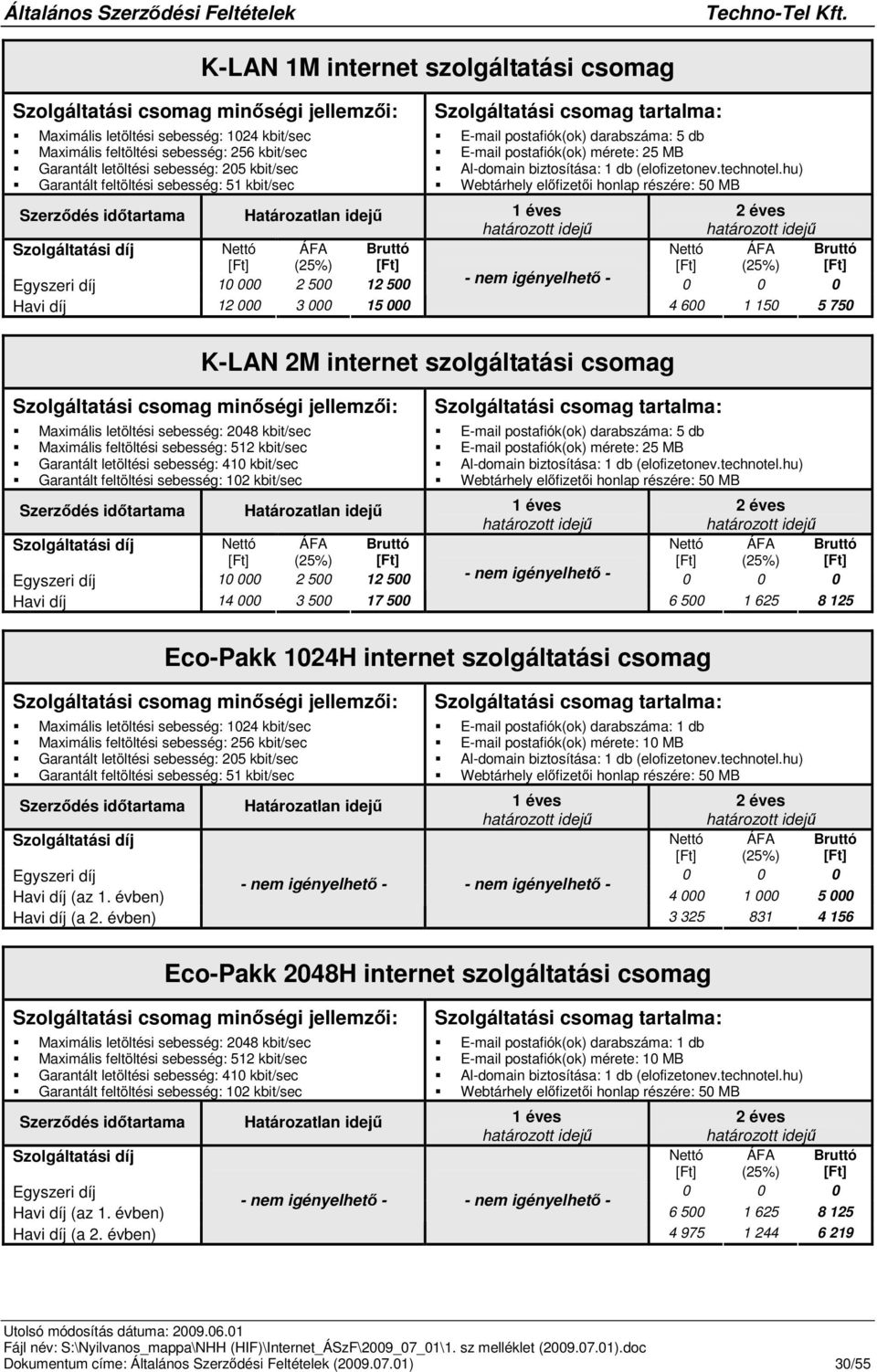 kbit/sec Garantált feltöltési sebesség: 102 kbit/sec Egyszeri díj 10 000 2 500 12 500 - nem igényelhet - 0 0 0 Havi díj 14 000 3 500 17 500 6 500 1 625 8 125 Eco-Pakk 1024H internet szolgáltatási