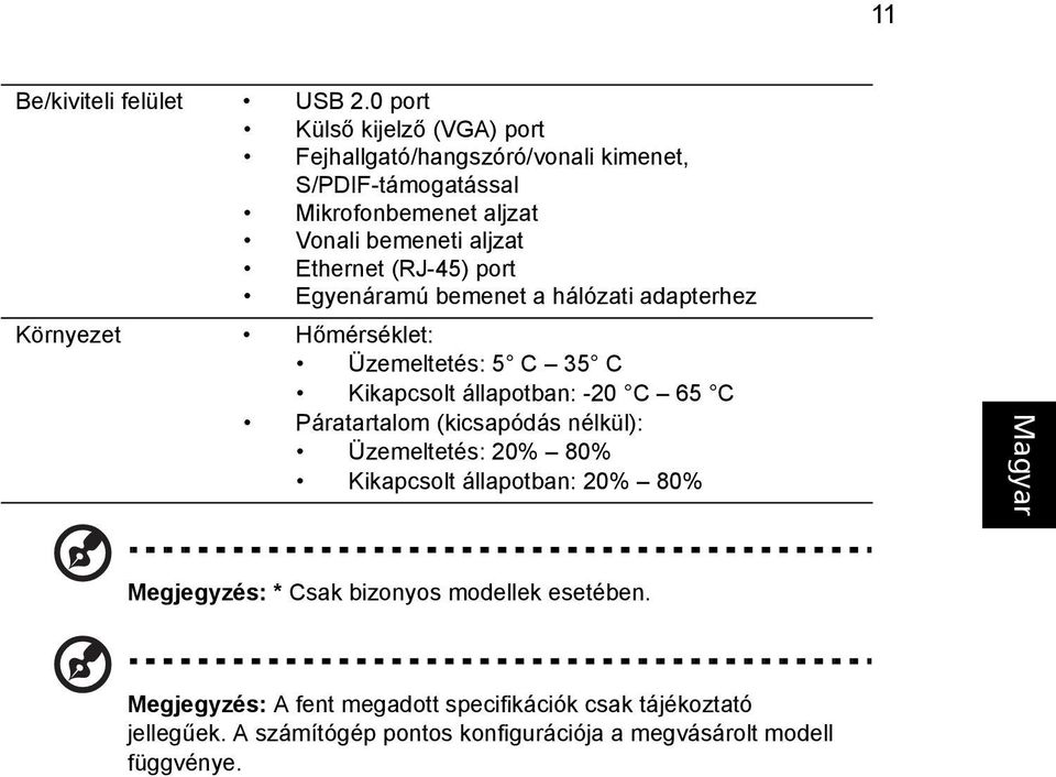 Ethernet (RJ-45) port Egyenáramú bemenet a hálózati adapterhez Környezet Hőmérséklet: Üzemeltetés: 5 C 35 C Kikapcsolt állapotban: -20 C 65 C