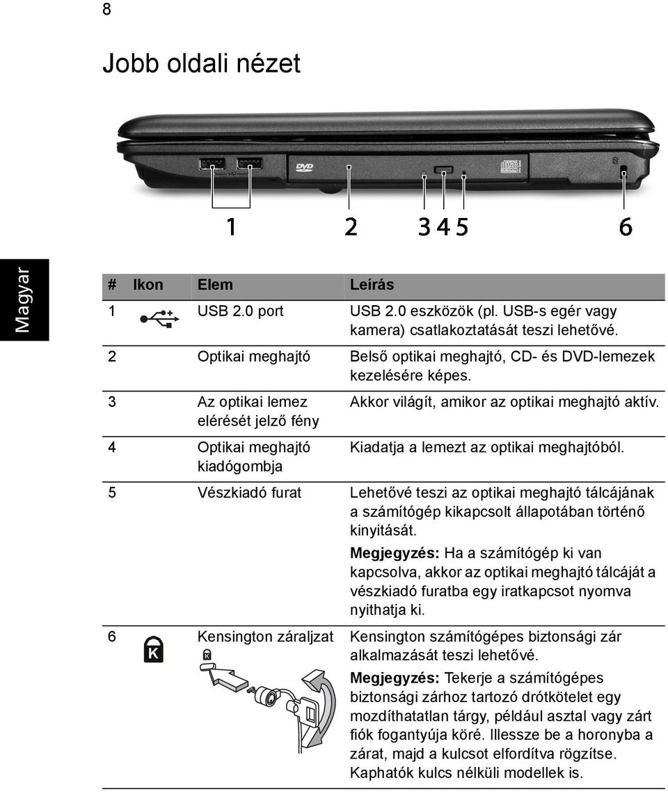 4 Optikai meghajtó kiadógombja Kiadatja a lemezt az optikai meghajtóból. 5 Vészkiadó furat Lehetővé teszi az optikai meghajtó tálcájának a számítógép kikapcsolt állapotában történő kinyitását.