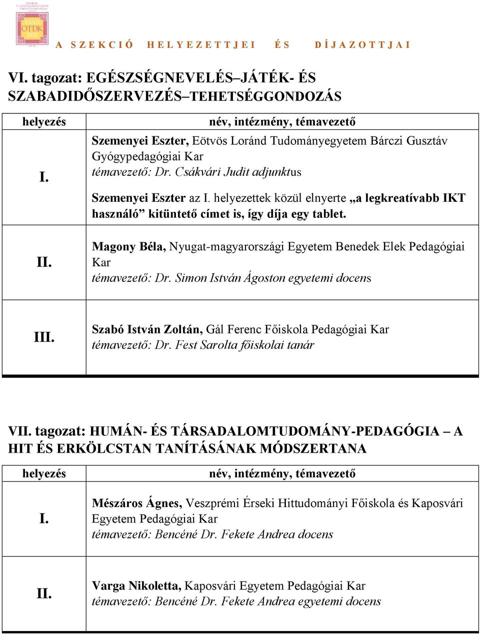 Magony Béla, Nyugat-magyarországi Egyetem Benedek Elek Pedagógiai témavezető: Dr. Simon István Ágoston egyetemi docens Szabó István Zoltán, Gál Ferenc Főiskola Pedagógiai témavezető: Dr.