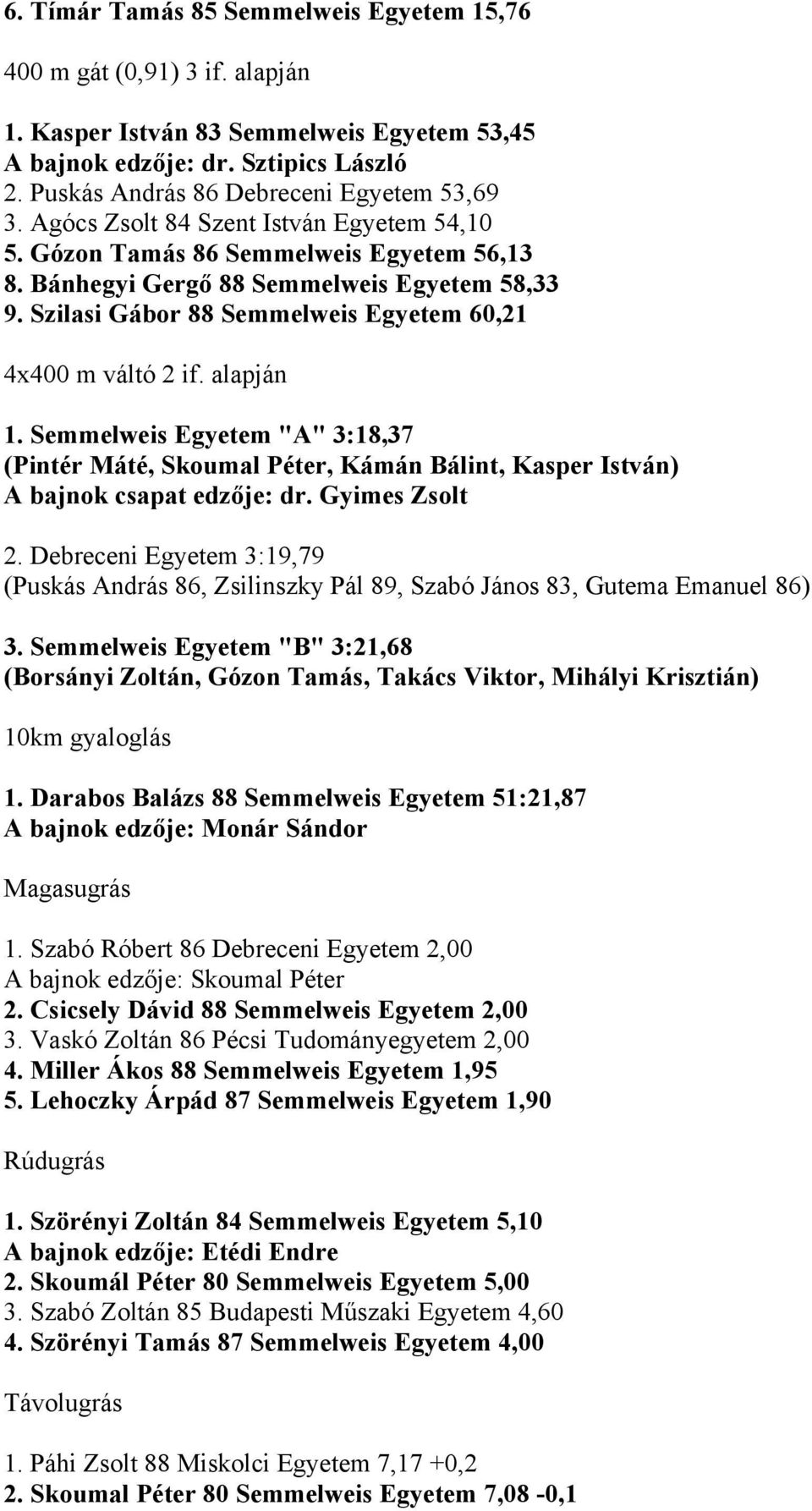 Szilasi Gábor 88 Semmelweis Egyetem 60,21 4x400 m váltó 2 if. alapján 1. Semmelweis Egyetem "A" 3:18,37 (Pintér Máté, Skoumal Péter, Kámán Bálint, Kasper István) A bajnok csapat edzője: dr.