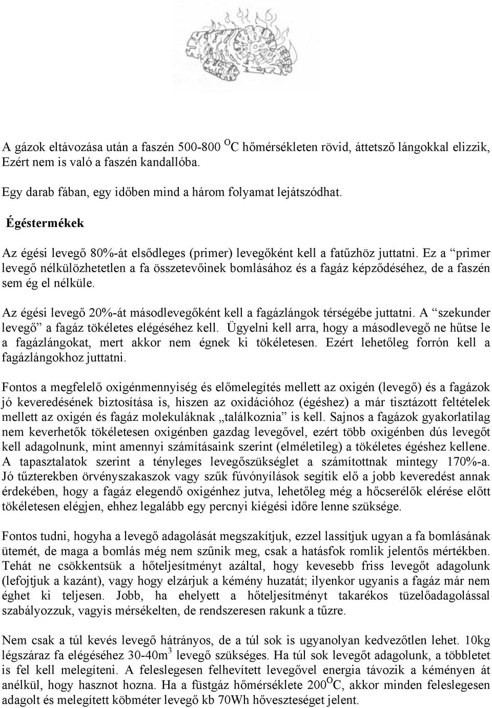 Ez a primer levegő nélkülözhetetlen a fa összetevőinek bomlásához és a fagáz képződéséhez, de a faszén sem ég el nélküle. Az égési levegő 20%-át másodlevegőként kell a fagázlángok térségébe juttatni.