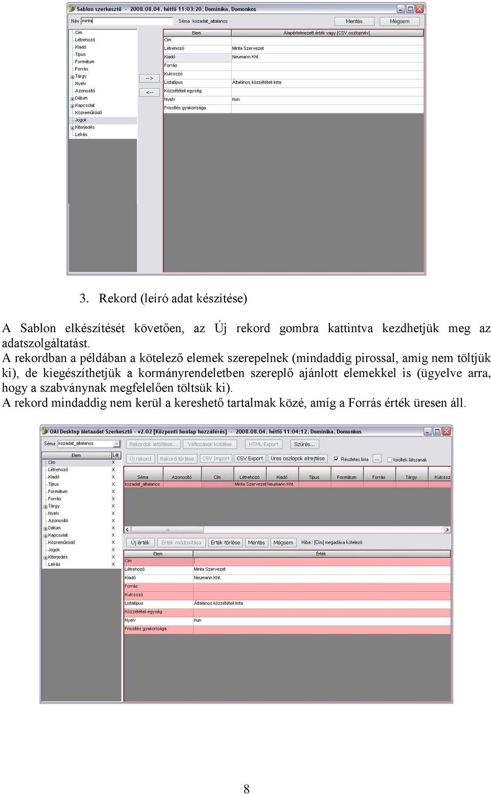 A rekordban a példában a kötelező elemek szerepelnek (mindaddig pirossal, amíg nem töltjük ki), de