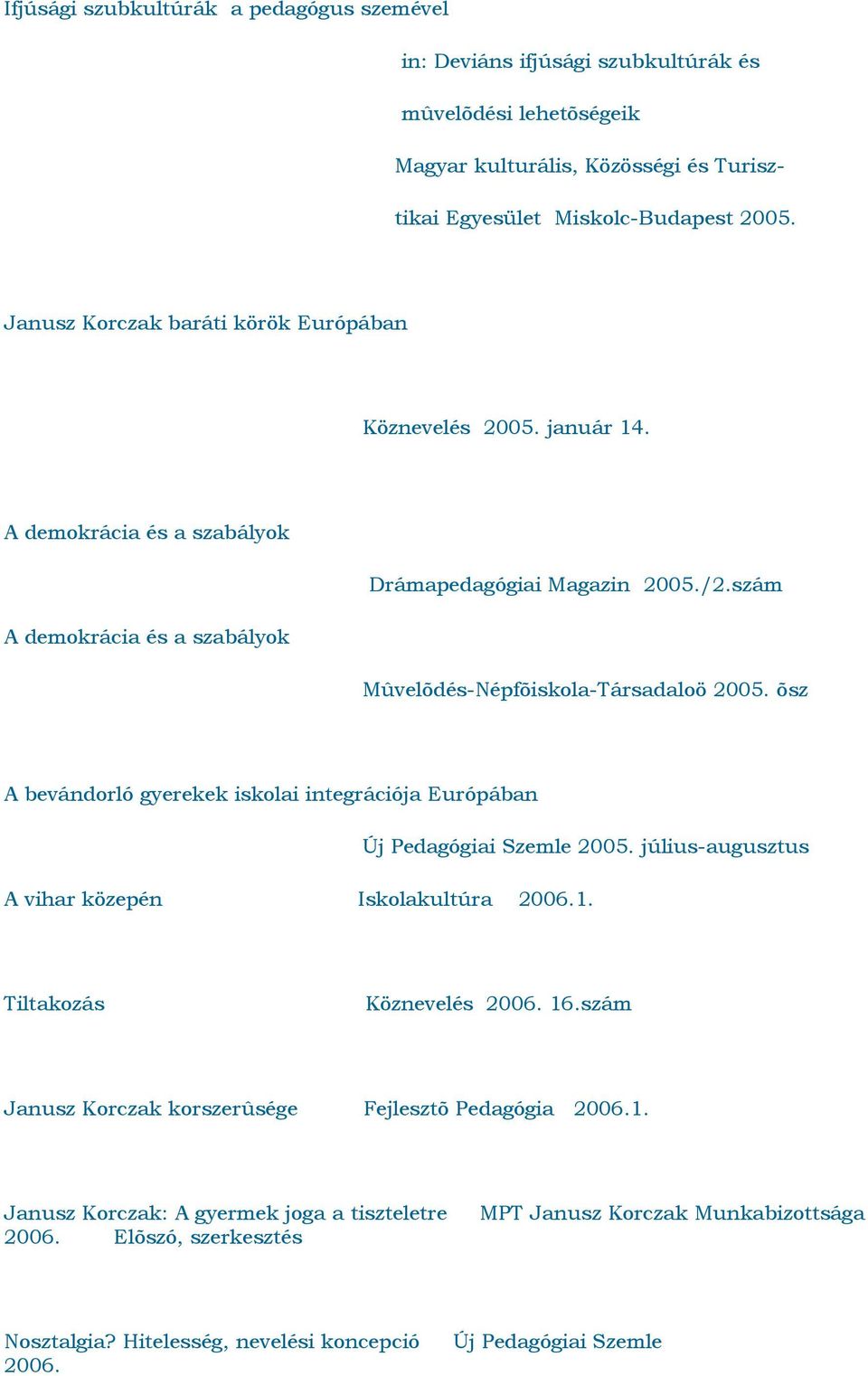 õsz A bevándorló gyerekek iskolai integrációja Európában Új Pedagógiai Szemle 2005. július-augusztus A vihar közepén Iskolakultúra 2006.1. Tiltakozás Köznevelés 2006. 16.