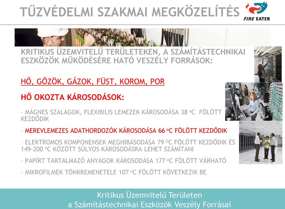 KÁROSODÁSA 38 o C FÖLÖTT KEZDŐDIK MEREVLEMEZES ADATHORDOZÓK KÁROSODÁSA 66 o C FÖLÖTT KEZDŐDIK ELEKTROMOS KOMPONENSEK MEGHIBÁSODÁSA 79 O C FÖLÖTT KEZDŐDIK