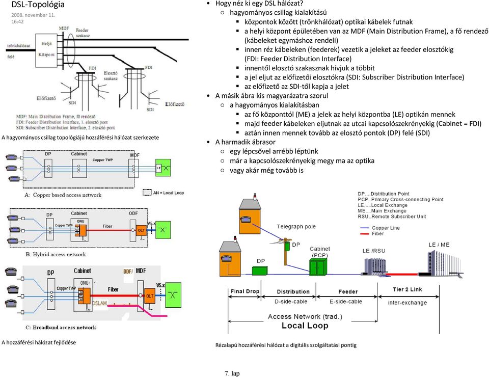 réz kábeleken (feederek) vezetik a jeleket az feeder elosztókig (FDI: Feeder Distribution Interface) innentől elosztó szakasznak hívjuk a többit a jel eljut az előfizetői elosztókra (SDI: Subscriber