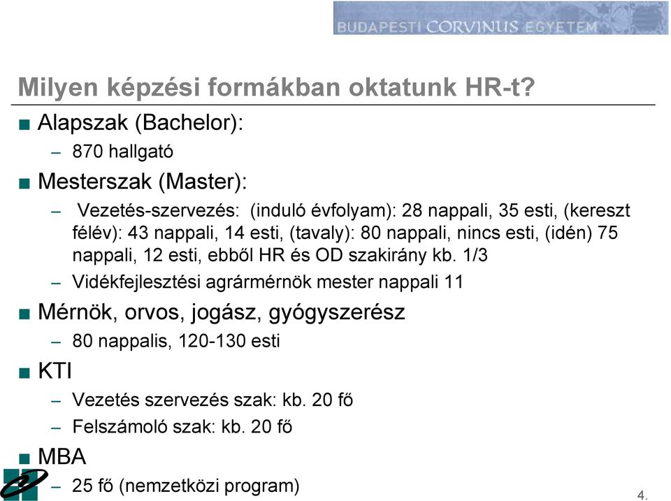 félév): 43 nappali, 14 esti, (tavaly): 80 nappali, nincs esti, (idén) 75 nappali, 12 esti, ebből HR és OD szakirány kb.