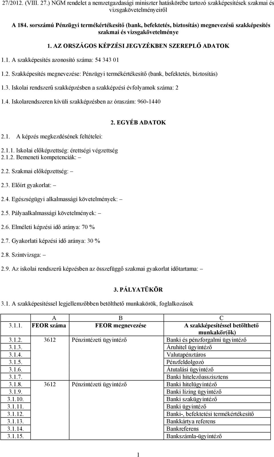 Iskolarendszeren kívüli szakképzésben az óraszám: 960-1440 2.1. A képzés megkezdésének feltételei: 2.1.1. Iskolai előképzettség: érettségi végzettség 2.1.2. Bemeneti kompetenciák: 2.2. Szakmai előképzettség: 2.