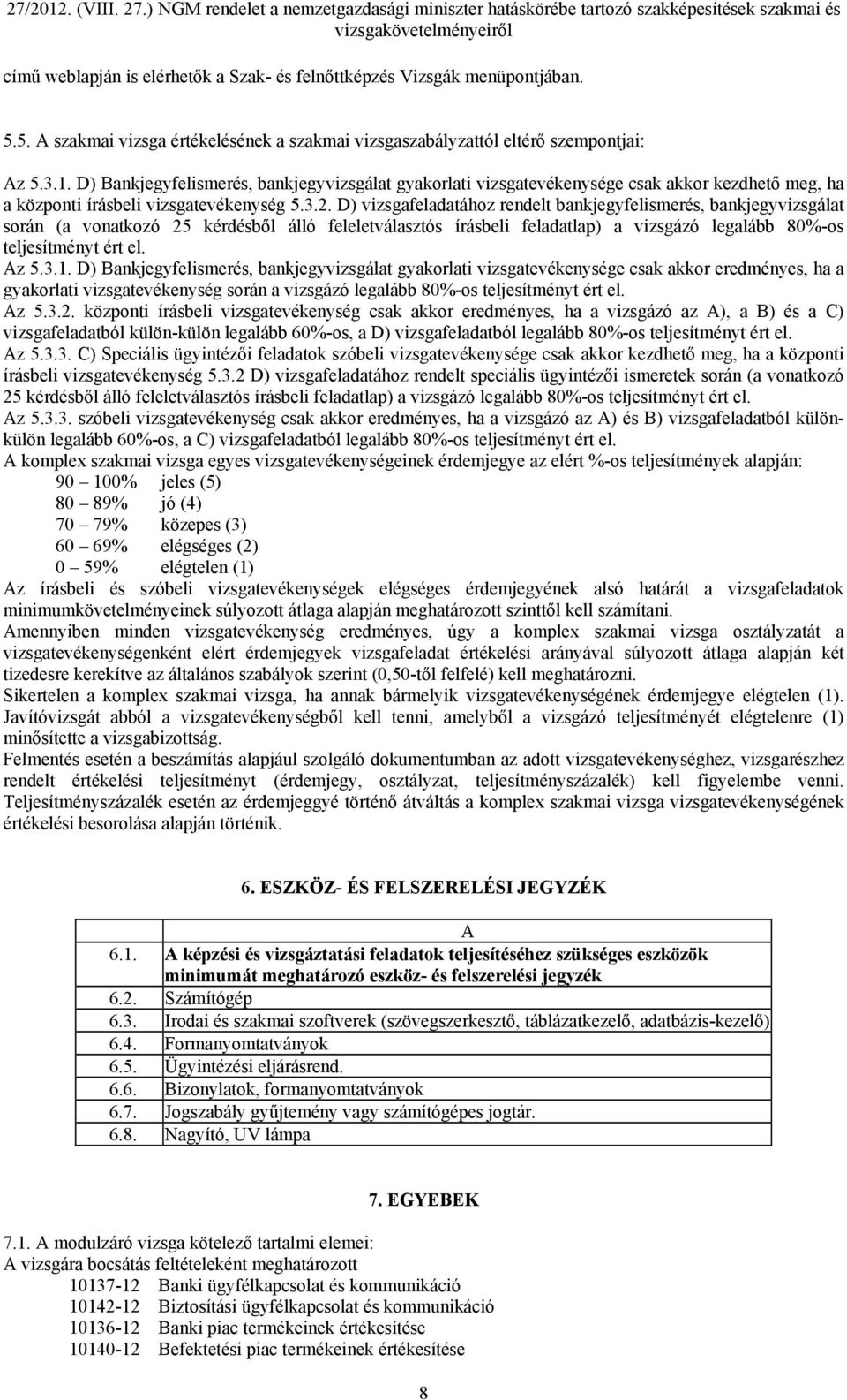 D) vizsgafeladatához rendelt bankjegyfelismerés, bankjegyvizsgálat során (a vonatkozó 25 kérdésből álló feleletválasztós írásbeli feladatlap) a vizsgázó legalább 80%-os teljesítményt ért el. Az 5.3.1.