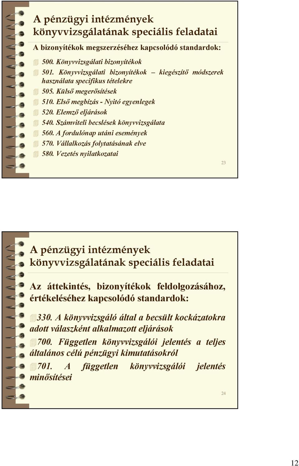 Vállalkozás folytatásának elve 580. Vezetés nyilatkozatai 23 Az áttekintés, bizonyítékok feldolgozásához, értékeléséhez kapcsolódó standardok: 330.