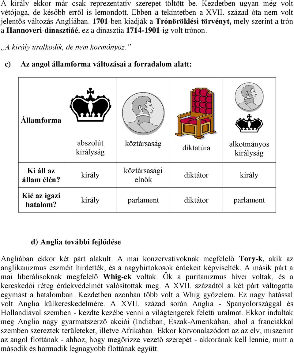 c) Az angol államforma változásai a forradalom alatt: Államforma abszolút királyság köztársaság diktatúra alkotmányos királyság Ki áll az állam élén?