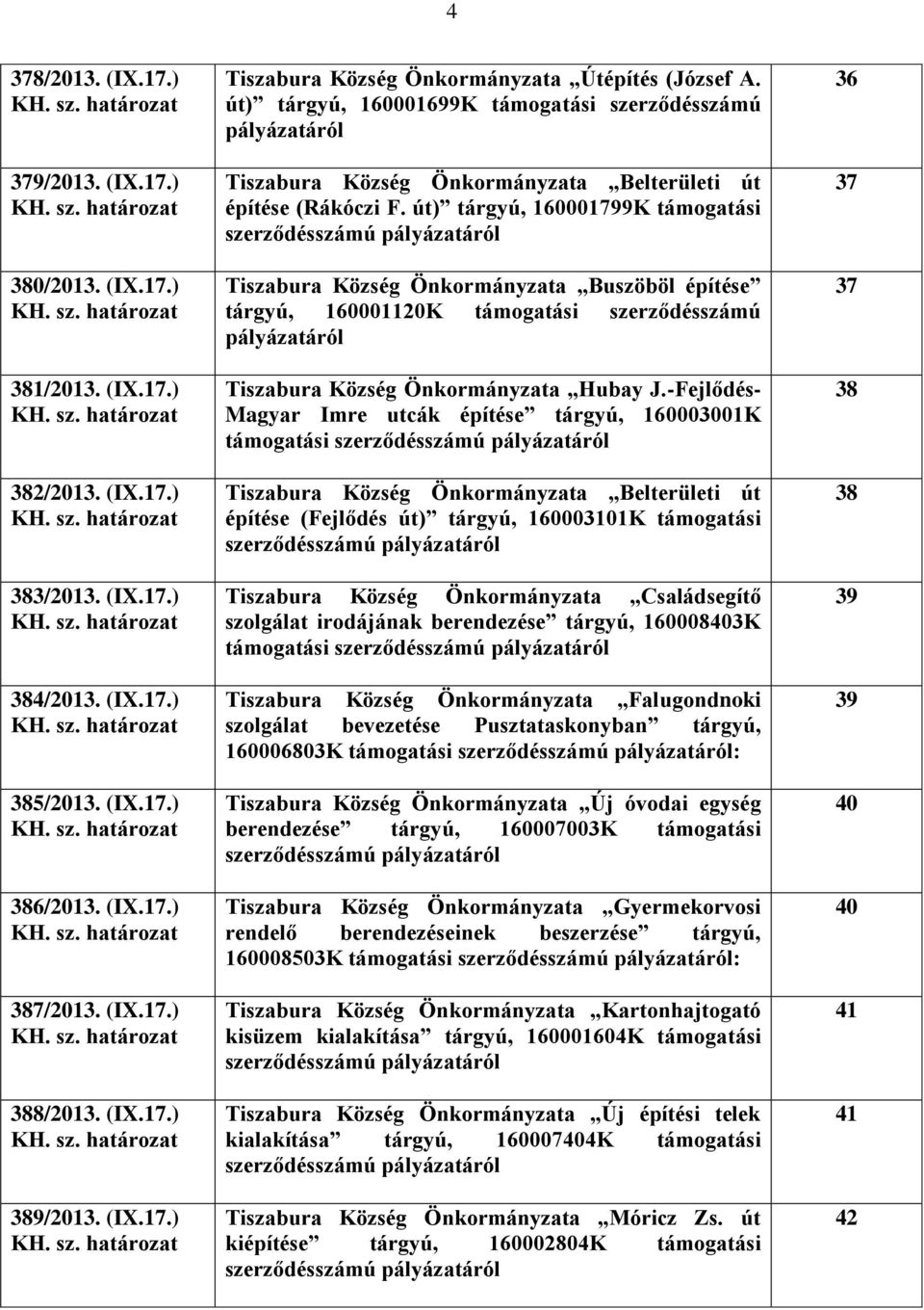 út) tárgyú, 160001699K támogatási szerződésszámú pályázatáról Tiszabura Község Önkormányzata Belterületi út építése (Rákóczi F.