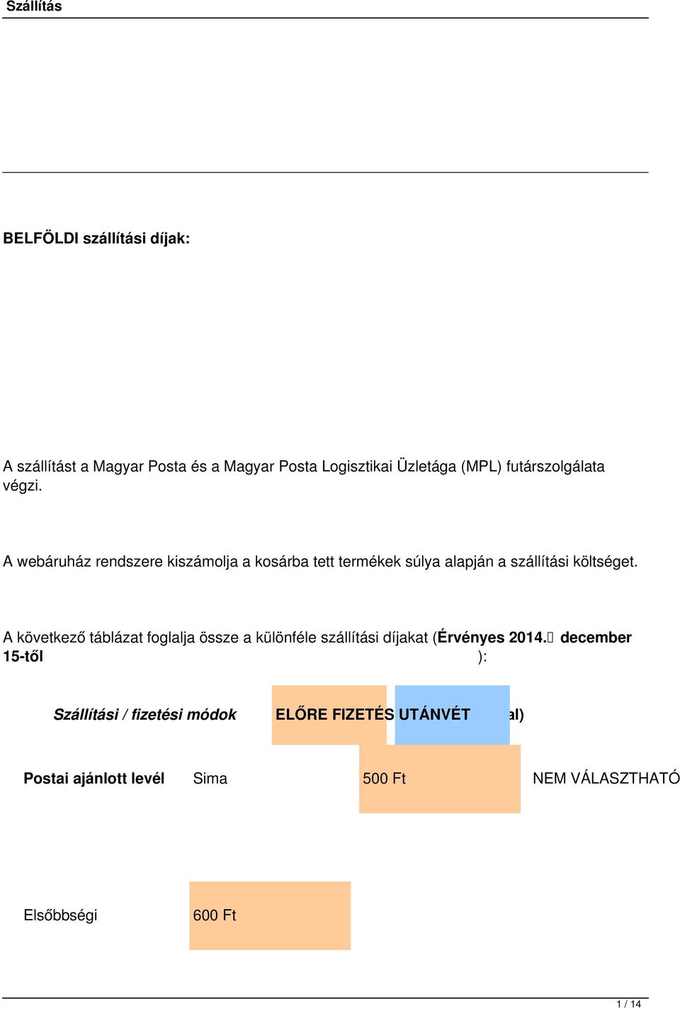A következő táblázat foglalja össze a különféle szállítási díjakat (Érvényes 2014.