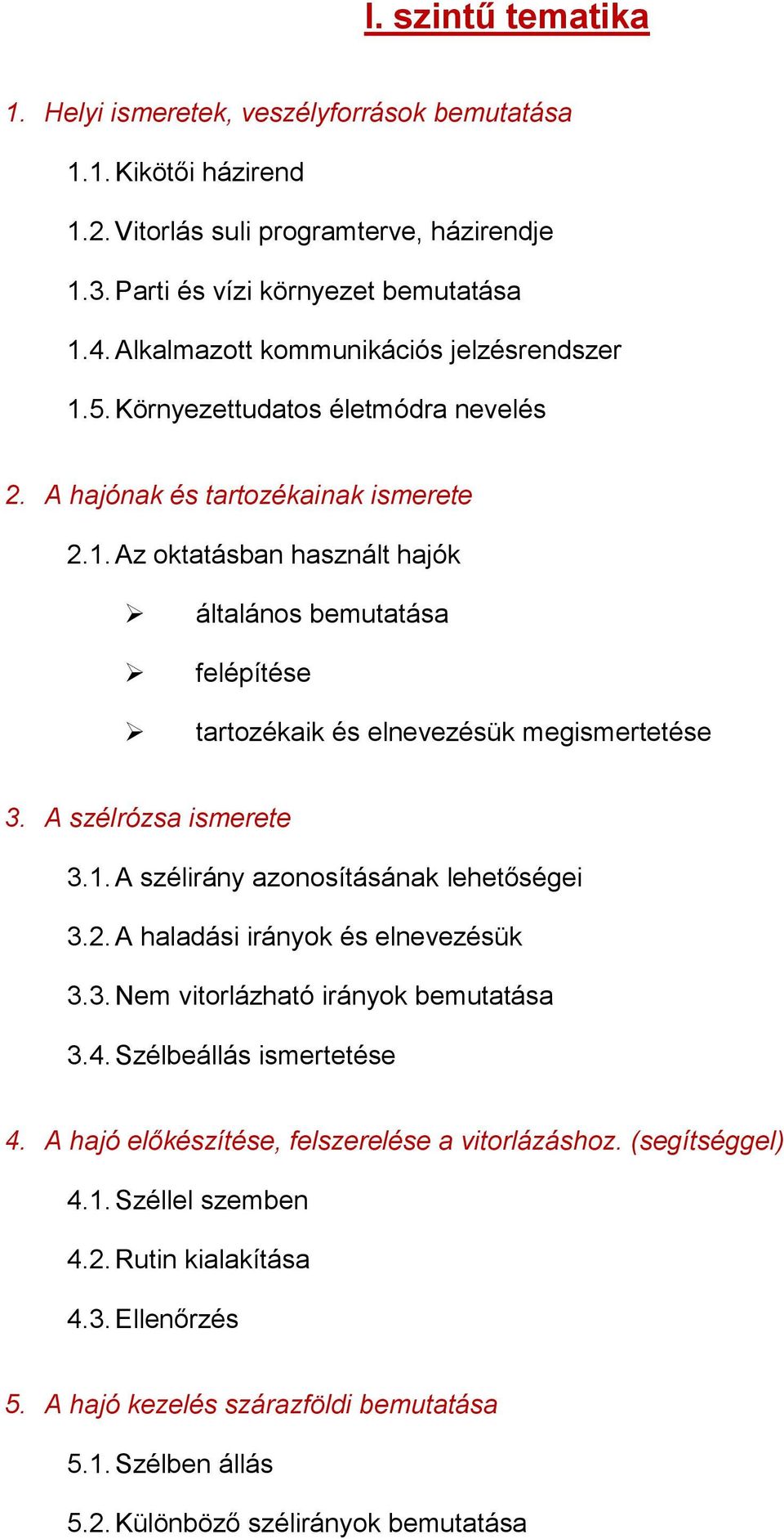 A szélrózsa ismerete 3.1. A szélirány azonosításának lehetőségei 3.2. A haladási irányok és elnevezésük 3.3. Nem vitorlázható irányok bemutatása 3.4. Szélbeállás ismertetése 4.