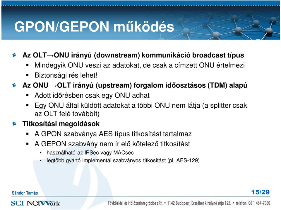 Az ONU OLT irányú (upstream) forgalom időosztásos (TDM) alapú Adott időrésben csak egy ONU adhat Egy ONU által küldött adatokat a többi ONU nem