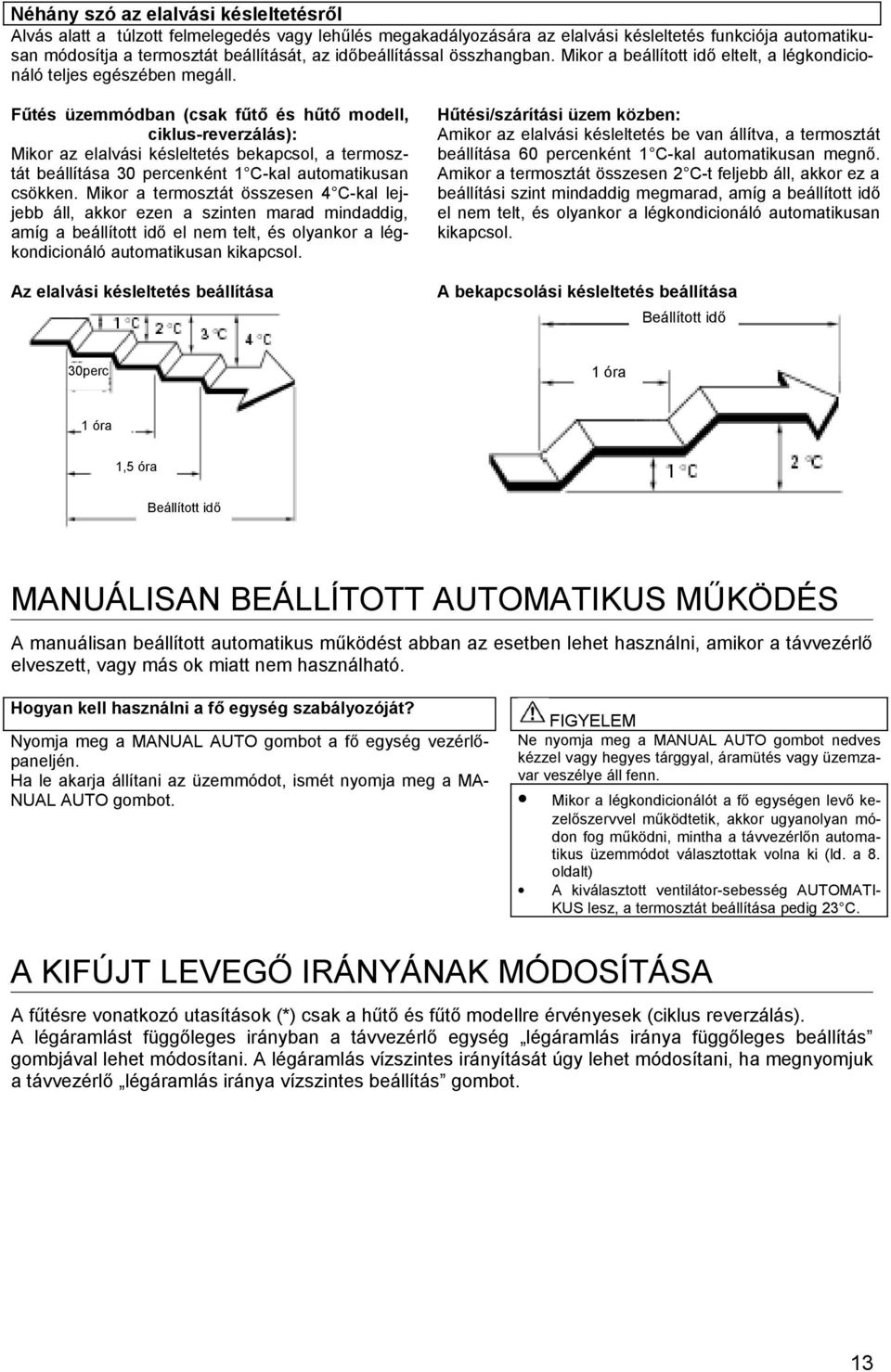 Fűtés üzemmódban (csak fűtő és hűtő modell, ciklus-reverzálás): Mikor az elalvási késleltetés bekapcsol, a termosztát beállítása 30 percenként 1 C-kal automatikusan csökken.