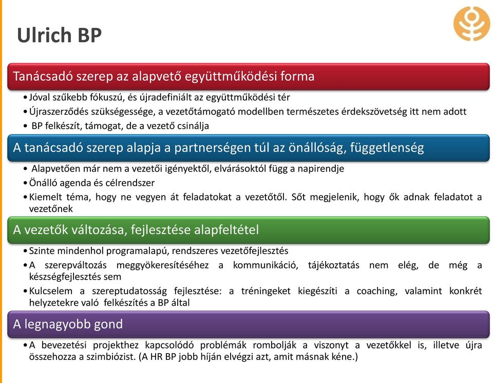 függ a napirendje Önálló agenda és célrendszer Kiemelt téma, hogy ne vegyen át feladatokat a vezetőtől.