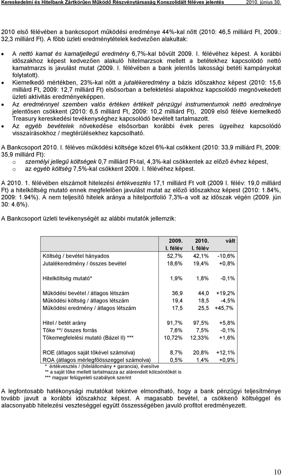 A korábbi időszakhoz képest kedvezően alakuló hitelmarzsok mellett a betétekhez kapcsolódó nettó kamatmarzs is javulást mutat (2009. I.
