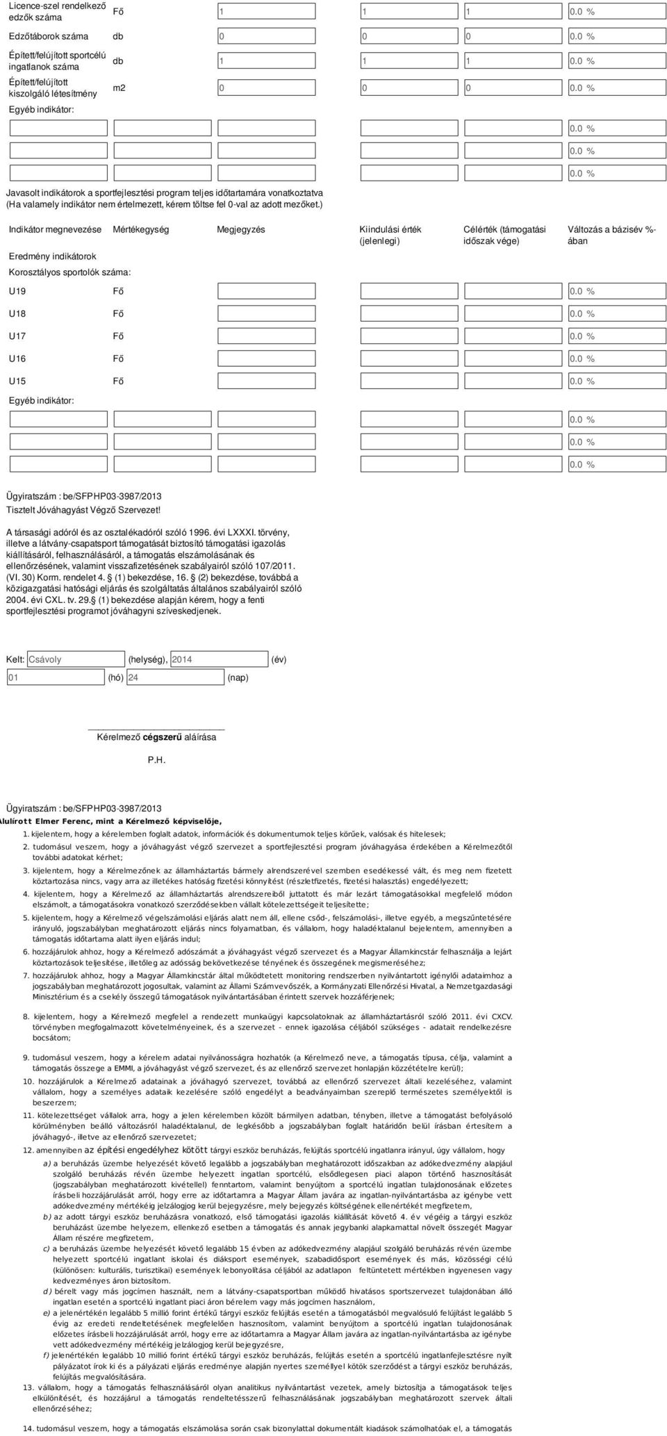 ) Indikátor megnevezése Mértékegység Megjegyzés Kiindulási érték (jelenlegi) Eredmény indikátorok Korosztályos sportolók száma: Célérték (támogatási időszak vége) Változás a bázisév %- ában U19 Fő