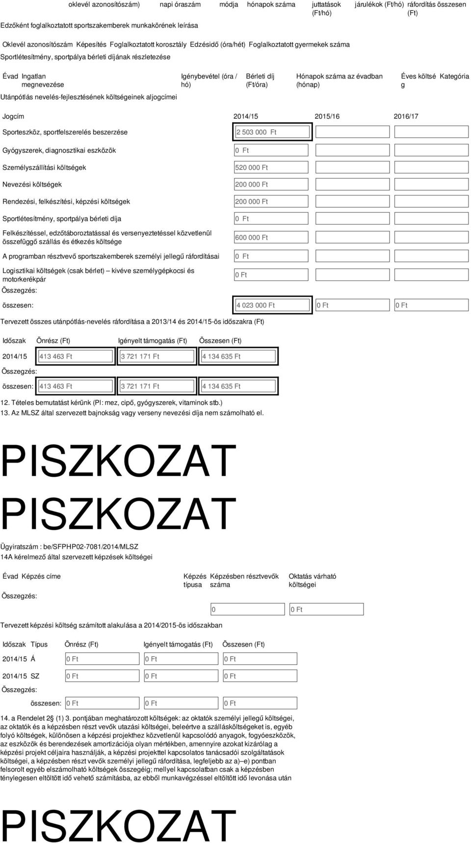 Hónapok záma az évadban (hónap) Éve költé g Kategória Utánpótlá nevelé-fejleztéének költégeinek aljogcímei Jogcím 2015/16 2016/17 Sportezköz, portfelzerelé bezerzée Gyógyzerek, diagnoztikai ezközök