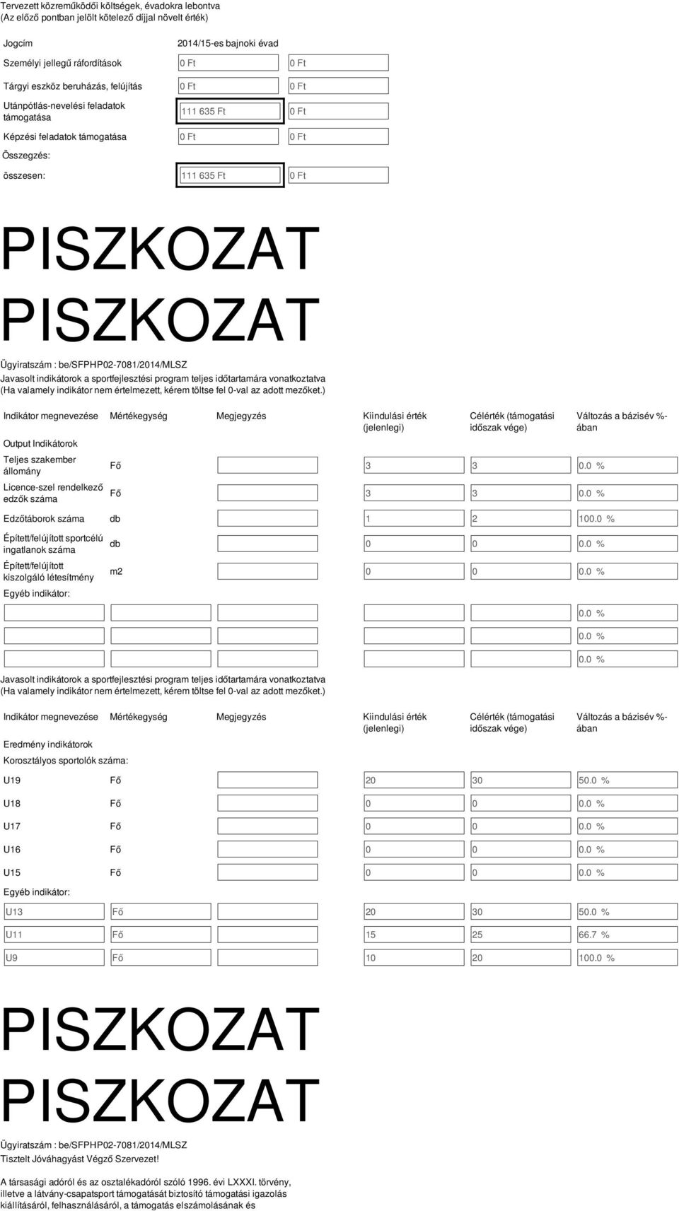 vonatkoztatva (Ha valamely indikátor nem értelmezett, kérem tölte fel 0-val az adott mezőket.