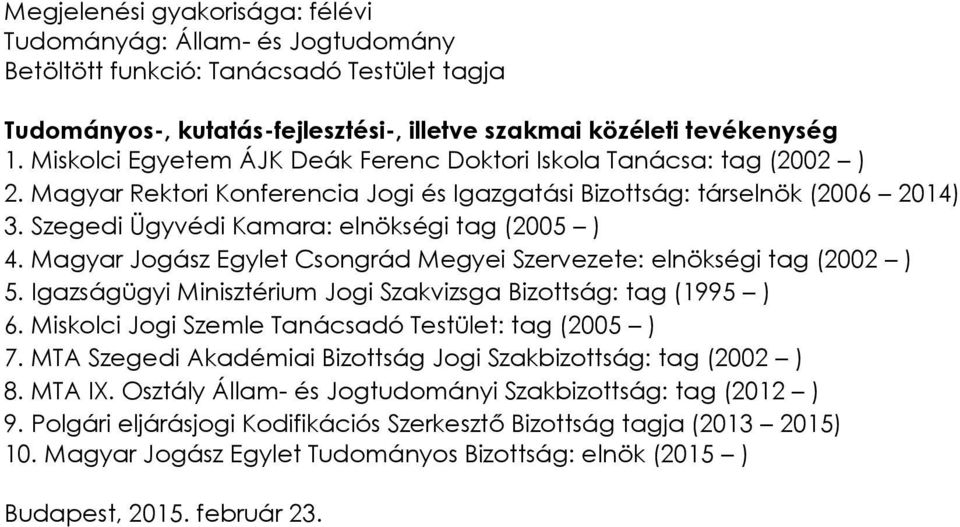 Szegedi Ügyvédi Kamara: elnökségi tag (2005 ) 4. Magyar Jogász Egylet Csongrád Megyei Szervezete: elnökségi tag (2002 ) 5. Igazságügyi Minisztérium Jogi Szakvizsga Bizottság: tag (1995 ) 6.