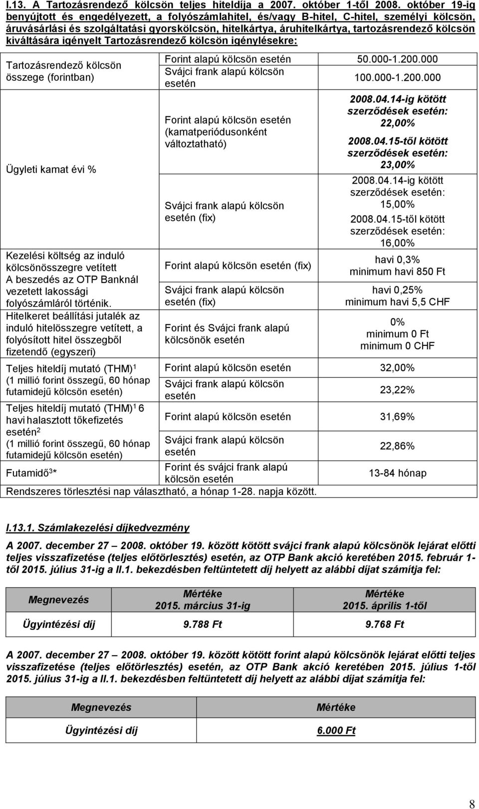 kölcsön kiváltására igényelt Tartozásrendező kölcsön igénylésekre: Tartozásrendező kölcsön összege (forintban) kölcsönösszegre vetített A beszedés az OTP Banknál vezetett lakossági folyószámláról