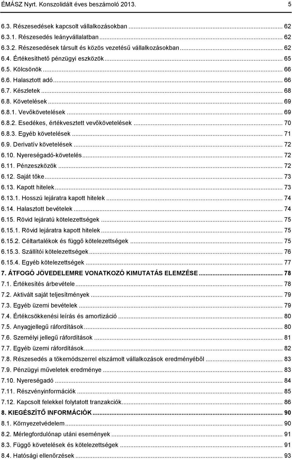 .. 70 6.8.3. Egyéb követelések... 71 6.9. Derivatív követelések... 72 6.10. Nyereségadó-követelés... 72 6.11. Pénzeszközök... 72 6.12. Saját tőke... 73 6.13. Kapott hitelek... 73 6.13.1. Hosszú lejáratra kapott hitelek.