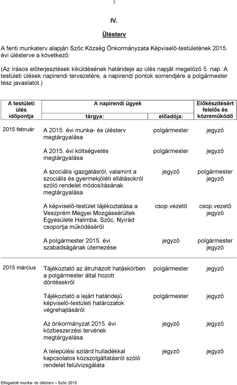 ) A testületi ülés időpontja A napirendi ügyek tárgya: előadója: Előkészítésért felelős és közreműködő február A. évi munka- és ülésterv A.