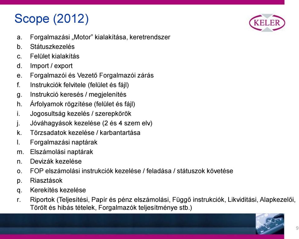 Jóváhagyások kezelése (2 és 4 szem elv) k. Törzsadatok kezelése / karbantartása l. Forgalmazási naptárak m. Elszámolási naptárak n. Devizák kezelése o.