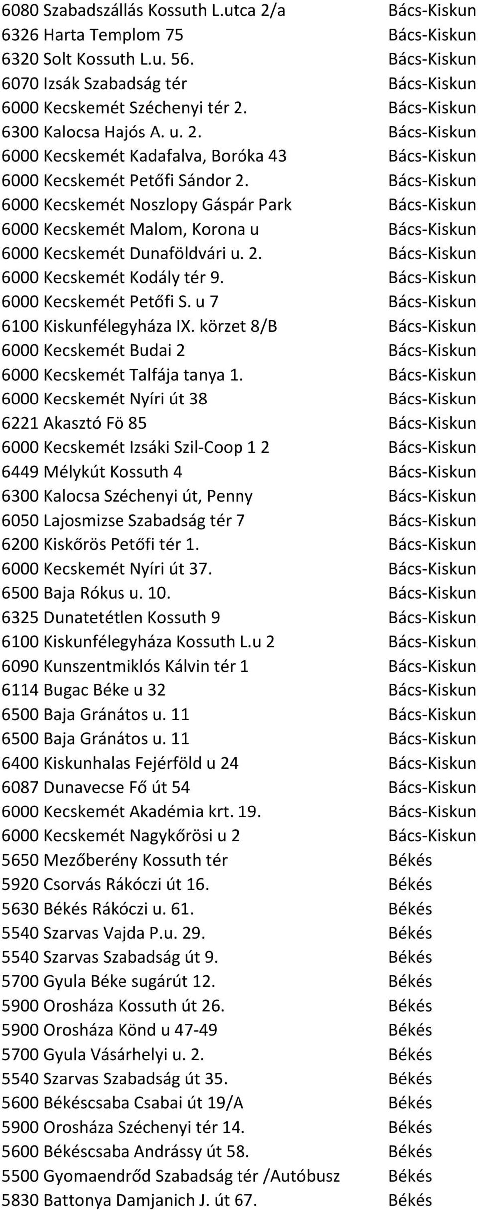 Bács-Kiskun 6000 Kecskemét Noszlopy Gáspár Park Bács-Kiskun 6000 Kecskemét Malom, Korona u Bács-Kiskun 6000 Kecskemét Dunaföldvári u. 2. Bács-Kiskun 6000 Kecskemét Kodály tér 9.