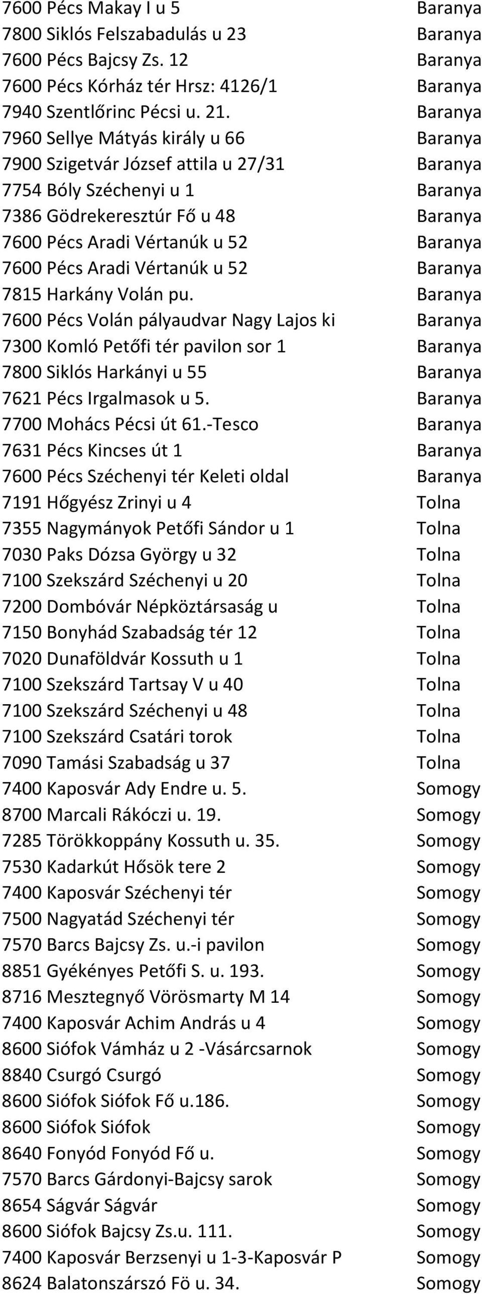7600 Pécs Aradi Vértanúk u 52 Baranya 7815 Harkány Volán pu.