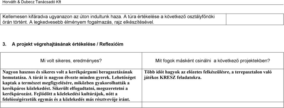 Lehetőséget kaptak a természet megfigyelésére, miközben gyakorolhatták a kerékpáros közlekedést. Sikerült elfogadtatni, megszeretetni a kerékpározást.