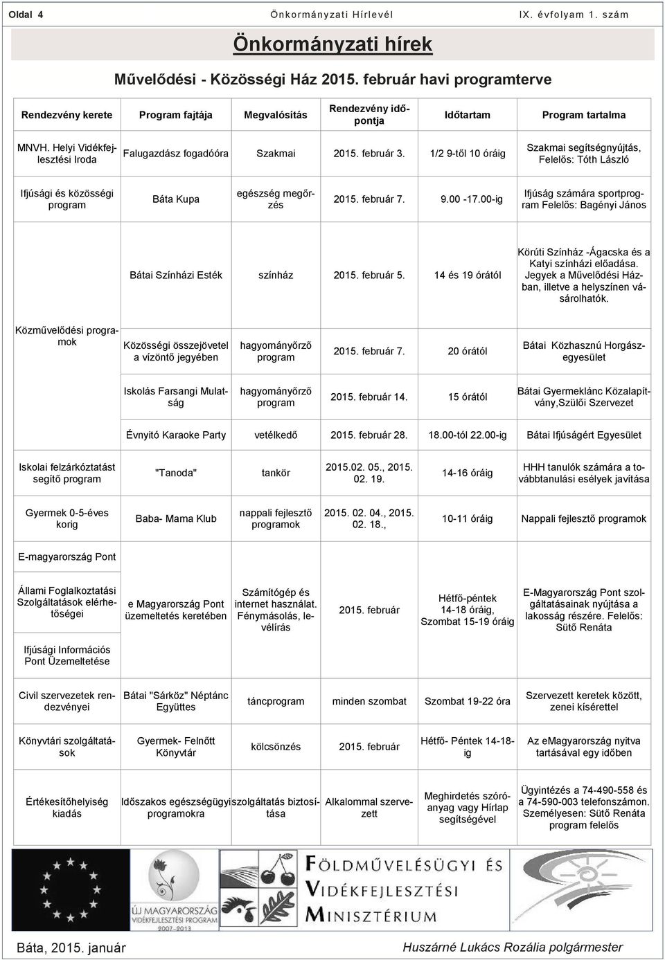 1/2 9-től 10 óráig Szakmai segítségnyújtás, Felelős: Tóth László Ifjúsági és közösségi program Báta Kupa egészség megőrzés 2015. február 7. 9.00-17.